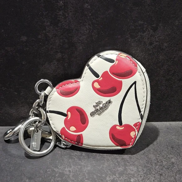 Coach CZ091 Leather Heart Coin Pouch Bag Charm With Cherry Print - Picture 1 of 5
